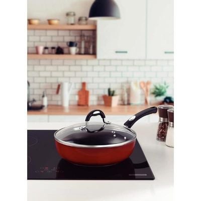 Tramontina Monaco Induction 24cm 2.7L Aluminum Frying Pan with Lid with Interior Starflon Premium PFOA Free Nonstick Coating and Exterior Red Silicon Coating