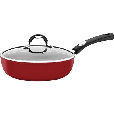 Tramontina Monaco Induction 24cm 2.7L Aluminum Frying Pan with Lid with Interior Starflon Premium PFOA Free Nonstick Coating and Exterior Red Silicon Coating