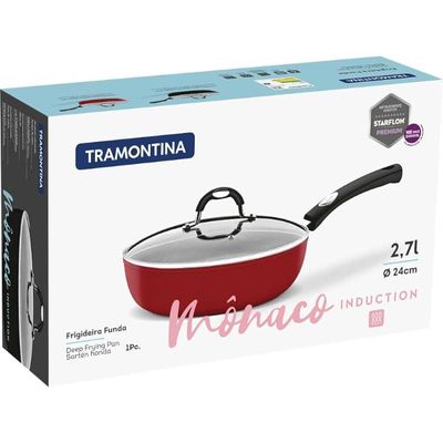 Tramontina Monaco Induction 24cm 2.7L Aluminum Frying Pan with Lid with Interior Starflon Premium PFOA Free Nonstick Coating and Exterior Red Silicon Coating
