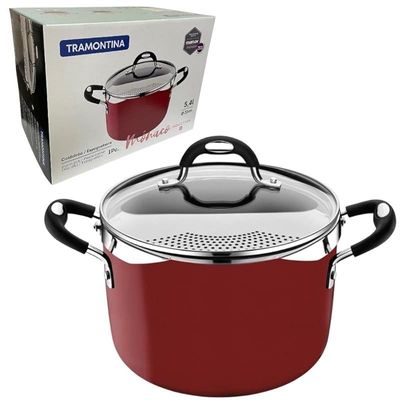 Tramontia Pasta Cooker Internal Non-Stick High Resistance Coating Stainer Included 22 Cm Pot Casserole Glas Lid Red Color