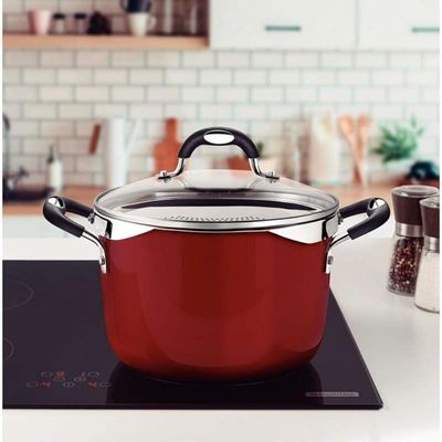 Tramontia Pasta Cooker Internal Non-Stick High Resistance Coating Stainer Included 22 Cm Pot Casserole Glas Lid Red Color