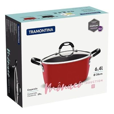 Tramontina Monaco Induction 28cm 6.4L Aluminum Casserole with Interior Starflon Premium PFOA Free Nonstick Coating and Exterior Red Silicon Coating