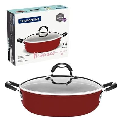 Tramontina Monaco Induction 28cm 4.2L Aluminum Skillet with Interior Starflon Premium PFOA Free Nonstick Coating and Exterior Red Silicon Coating