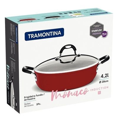 Tramontina Monaco Induction 28cm 4.2L Aluminum Skillet with Interior Starflon Premium PFOA Free Nonstick Coating and Exterior Red Silicon Coating