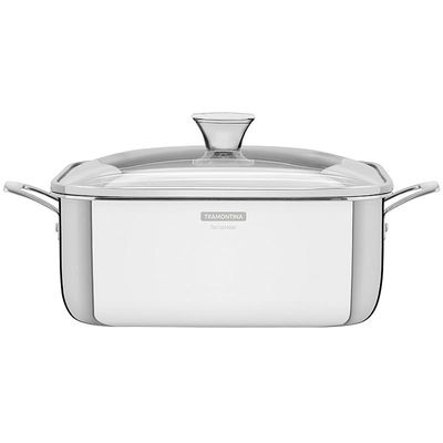 Tramontina Square Casserole Grano 7.3 Liters Stainless Steel Pot With Tri Ply Body, Handles And Glass Lid 26 Cm, 28,8 X Cm (7.3L)