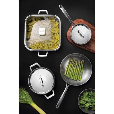 Tramontina Square Casserole Grano 7.3 Liters Stainless Steel Pot With Tri Ply Body, Handles And Glass Lid 26 Cm, 28,8 X Cm (7.3L)
