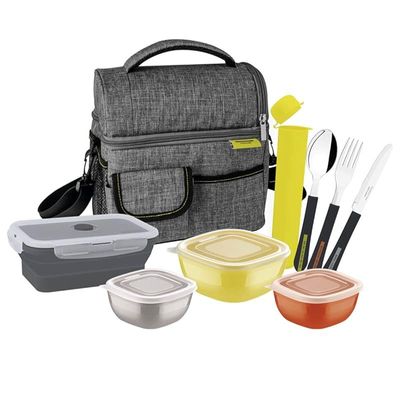 Tramontina 9 Pieces Thermal Bag Lunch Accessories Included Box, Gray