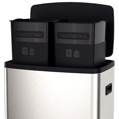 Tramontina Octos 15+15 liter Stainless Steel Pedal Trash Bin with a Scotch Brite Finish and Removable Internal Bucket