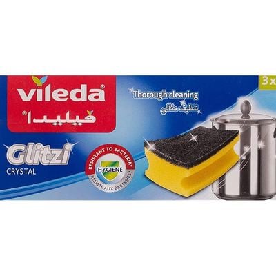 Vileda Glitzi Crystal Scourer Sponge 3 Pc, Antibacterial, Long Lasting, Hygienic ,Yellow And Black, 3 Pc Per Pack