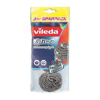 Vileda Glitzi Inox Spiral Scourer 2Pcs, Stainless Steel, Anti-Burn Cleaning, Long-Lasting, Ergonomic Design (2 Pcs Per Pack)