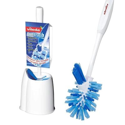 Vileda Power Brush, Toilet Cleaning Brush Set, Anti Clog Bristles, Ergonomic Grasp, Open Body, Hygienic, White and Blue