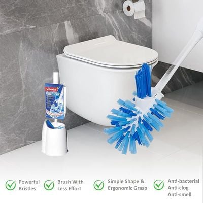 Vileda Power Brush, Toilet Cleaning Brush Set, Anti Clog Bristles, Ergonomic Grasp, Open Body, Hygienic, White and Blue