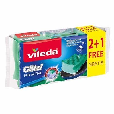 Vileda Pur Active Dishwashing Sponge, antibacterial, Teflon-friendly, Eco-friendly, Green, 3 Pcs