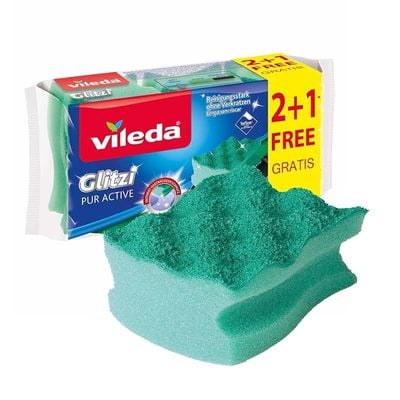 Vileda Pur Active Dishwashing Sponge, antibacterial, Teflon-friendly, Eco-friendly, Green, 3 Pcs