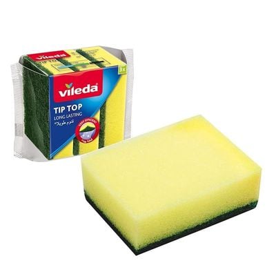 Vileda Tip Top Dish Washing Medium Foam Sponge Scourer Promo 3 Pcs Yellow & Green-3 Pcs Per Pack