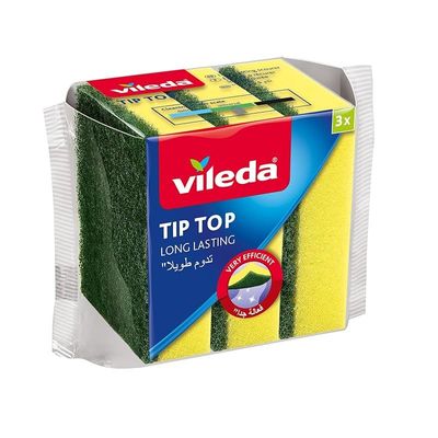 Vileda Tip Top Dish Washing Medium Foam Sponge Scourer Promo 3 Pcs Yellow & Green-3 Pcs Per Pack