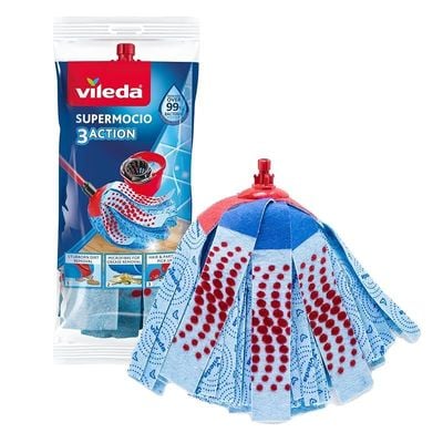 Vileda 3action Supermocio Floor Mop Refill, Versatile, Red Spot Eraser, Blue Microfiber, 3D Red Spots.