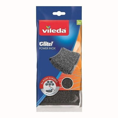 Vileda Glitzi Power Inox Metallic scouring pad 2pcs, Hardwearing Fabric, Hygienic, Efficient (2 Pcs Per Pack)