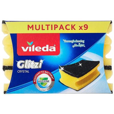 Vileda Glitzi Crystal Scourer Sponge 9 Pc, Antibacterial, Long Lasting, Hygienic - Yellow And Black (9 Pc Per Pack)