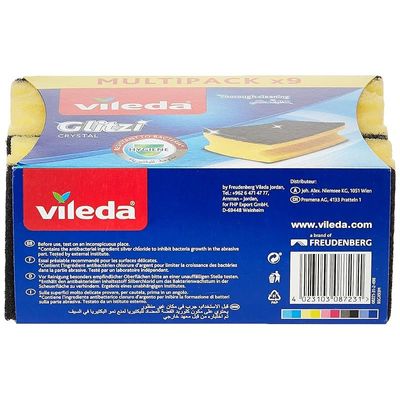 Vileda Glitzi Crystal Scourer Sponge 9 Pc, Antibacterial, Long Lasting, Hygienic - Yellow And Black (9 Pc Per Pack)