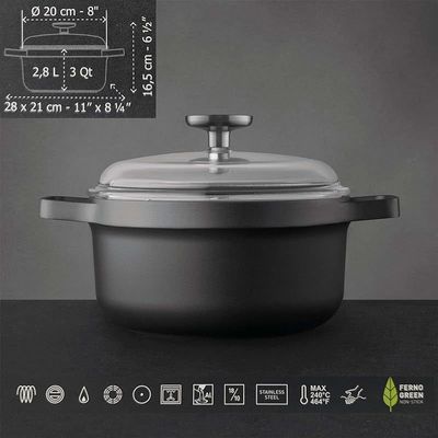 Berghoff Gem Aluminium Casserole With Lid Suitable for all hobs, including induction Black/Clear 20centimeter 2.8 ltr