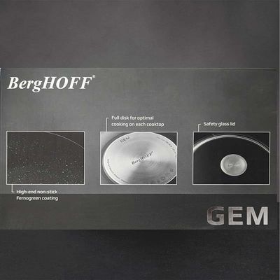 Berghoff Gem Aluminium SautePan With Lid &amp; 2 Handle, Suitable for all hobs, including induction Black/Clear 28centimeter 4.6 ltr