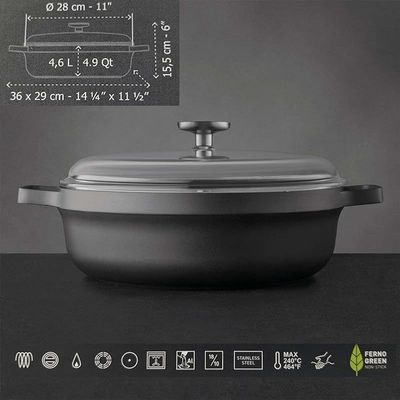 Berghoff Gem Aluminium SautePan With Lid &amp; 2 Handle, Suitable for all hobs, including induction Black/Clear 28centimeter 4.6 ltr