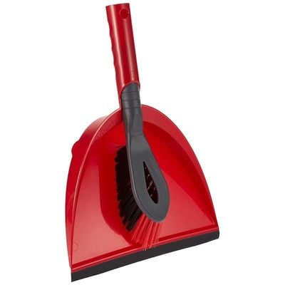 Vileda 2x1 Short Handle Dustpan Standard â€“ Dustpan And Brush, Ultra-Thin Black Fibers, Red Fibers, Ergonomic, Versatile, - Red & Black (25 x 5 x 35 cm)