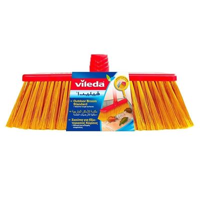 Vileda Outdoor Floor Broom with Stick - Trapezoidal Shape, for Rough Surfaces - Red & Yellow, 33 x 6 x 140 Cm