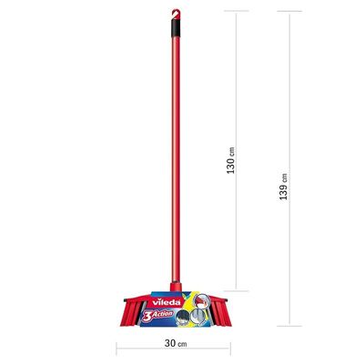 Vileda - 3action Indoor Floor Broom With Stick, Three Different Types Of Fibers, Powerful Bristle, Versatile Rubber Broom, Lightweight, Red & Black, 30 x 6 x 139