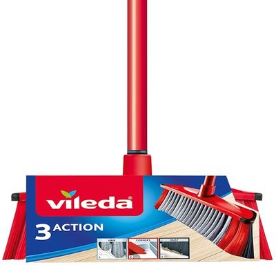 Vileda - 3action Indoor Floor Broom With Stick, Three Different Types Of Fibers, Powerful Bristle, Versatile Rubber Broom, Lightweight, Red & Black, 30 x 6 x 139