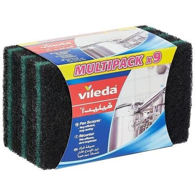 Vileda Ultra Fresh Pan Flat Scourer 9 Pcs, Antibacterial, Abrasive fiber, Durable, Multipurpose - Black &amp; Green 9 Pcs Per Pack