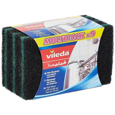 Vileda Ultra Fresh Pan Flat Scourer 9 Pcs, Antibacterial, Abrasive fiber, Durable, Multipurpose - Black &amp; Green 9 Pcs Per Pack