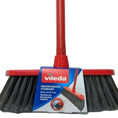 Vileda Standard Indoor Floor Broom with Stick, All Types Of Floors, Perfect Corner Cleaning, Lightweight, Red & Black, 30 x 5 x 140 Cm