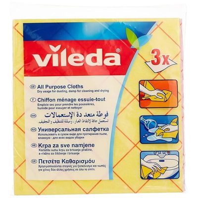 Vileda All-Purpose Cloth 3Pcs, Powerful Cleaning, Water-Absorbent, Durable - Yellow ( 3 Pcs Per Pack)