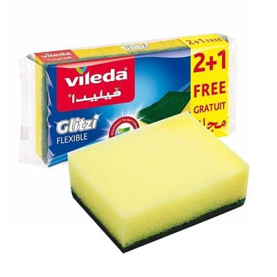 Vileda Glitzi Flexible Scourer Sponge, Antibacterial, Multi-purpose, Yellow &amp; Green, 2+1 Pcs