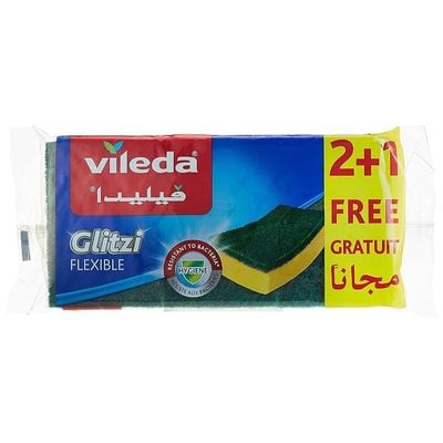 Vileda Glitzi Flexible Scourer Sponge, Antibacterial, Multi-purpose, Yellow &amp; Green, 2+1 Pcs