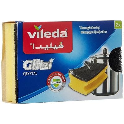 Vileda Glitzi Crystal Scourer Sponge 2 Pc, Antibacterial, Long Lasting, Hygienic - Yellow And Black (2 Pc Per Pack)