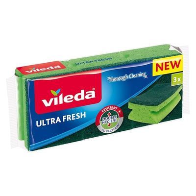 Vileda ULTRA FRESH High Foam Sponge | Anti-bacterial* | Deep Cleaning Scouring | Multipack 3 Pcs