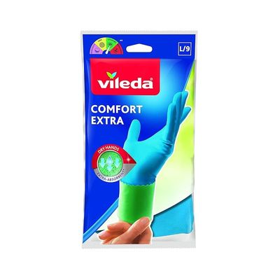 Vileda Comfort Extra Reusable Rubber Gloves L, Latex, Absorbent Interior, Protects Your Skin, Blue &amp; Green, Large Size (1 Pair Per Pack)