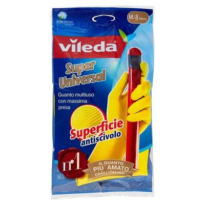 Vileda Super Grip Reusable Gloves M, Flexible, Waterproof Rubber Latex, Tear-Proof, Excellent Grip, Medium Size, Yellow (1 Pair Per Pack)