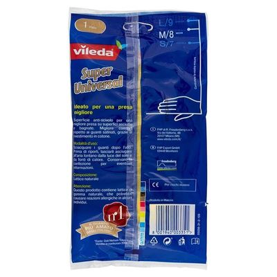 Vileda Super Grip Reusable Gloves M, Flexible, Waterproof Rubber Latex, Tear-Proof, Excellent Grip, Medium Size, Yellow (1 Pair Per Pack)