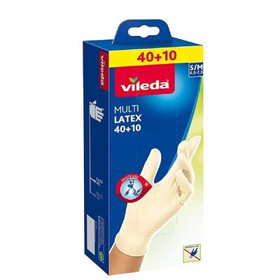 Vileda Disposable Multi Latex Gloves, Powder-Free, Ambidextrous Wear, Small/Medium, Pack Of 50, White 2319700