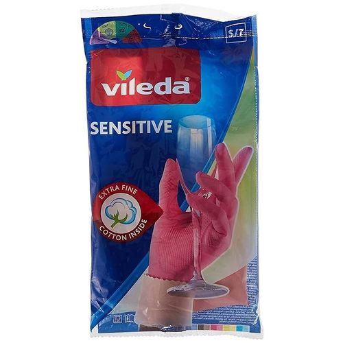 Vileda Sensitive Reusable Gloves S, Natural Latex, Protective, Touch-Sensitive, Comfortable Fit, Good Fit, Pink, Small Size (1 Pair Per Pack)