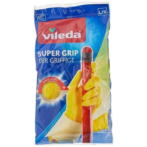Vileda Super Grip Reusable Gloves L, Flexible, Waterproof Rubber Latex, Tear-Proof, Excellent Grip, Large Size, Yellow (1 Pair Per Pack)