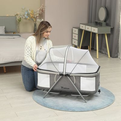 Teknum 3-In-1 Baby Cot/Cradle W/ Mosquito Net & Wheels - Dark Grey