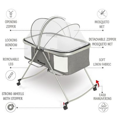 Teknum 3 - IN - 1 Baby Cot / Cradle w / Mosquito net & Wheels - Dark Grey