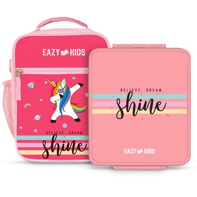 Eazy Kids Bento Boxes wt Insulated Lunch Bag combo - Shine Unicorn Pink