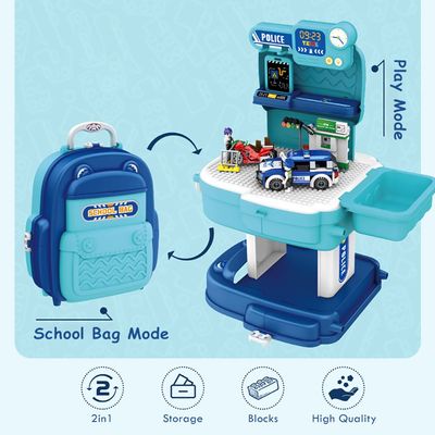 Little Story Role Play Police Station With Police Car And Block Toy Set School Bag (219 Pcs) - Blue, 2 - In - 1 Mode