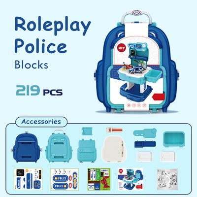 Little Story Role Play Police Station With Police Car And Block Toy Set School Bag (219 Pcs) - Blue, 2-In-1 Mode